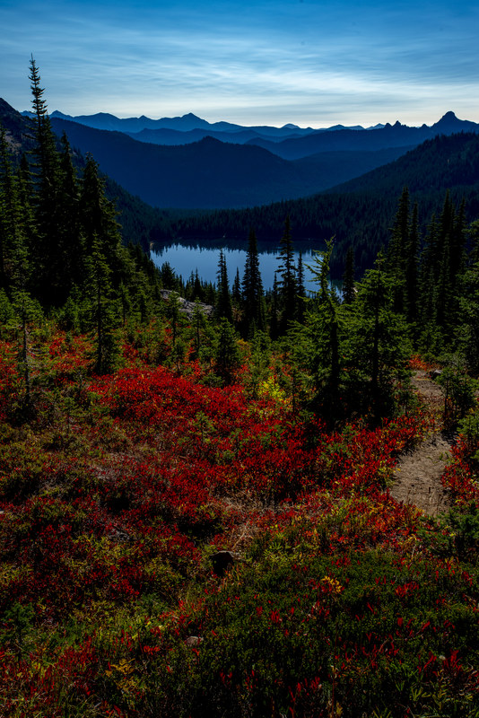 Brilliant red and orange autumn foliage along the Pacific Crest Trail with an alpine lake and mountain ridgeline